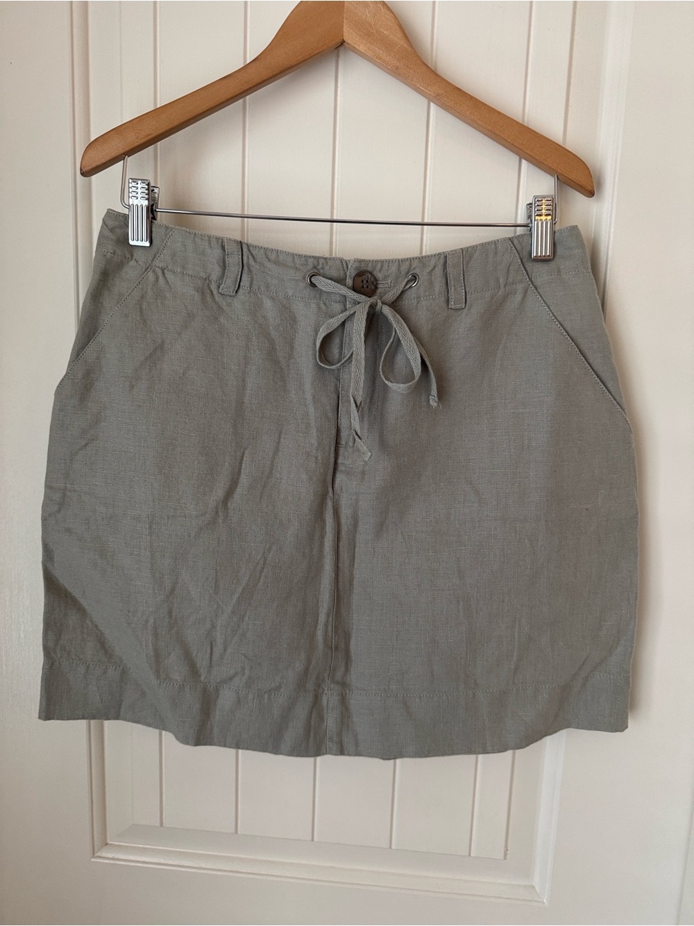 NWT Garnet Hill Drawstring 100% Linen Skirt in Light Olive